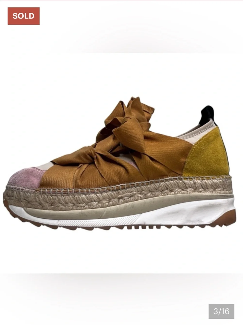 CHANEL Laced Free Tan & Pink Canvas Espadrille Platform Sandals with Ribbon Ties